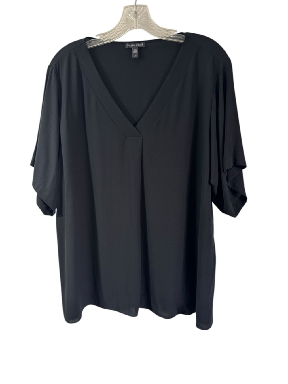Eileen Fisher 100% Silk V-Neck Short Sleeve Relaxed Fit Pleated Blouse Sz Large